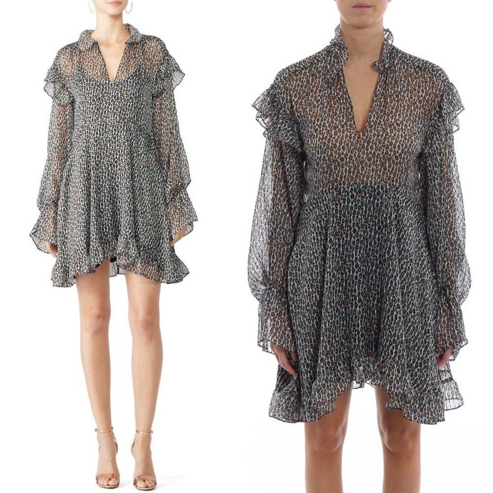 PHILOSOPHY LORENZO SERAFINI Silk Leopard Ruffle Long Puffed Sleeve Mini Dress 4